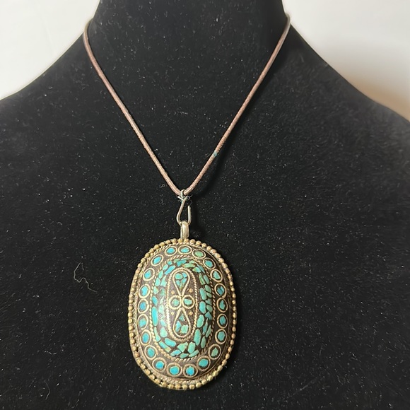 Large Persian Inlaid Turquoise & Brass Necklace - Picture 3 of 6
